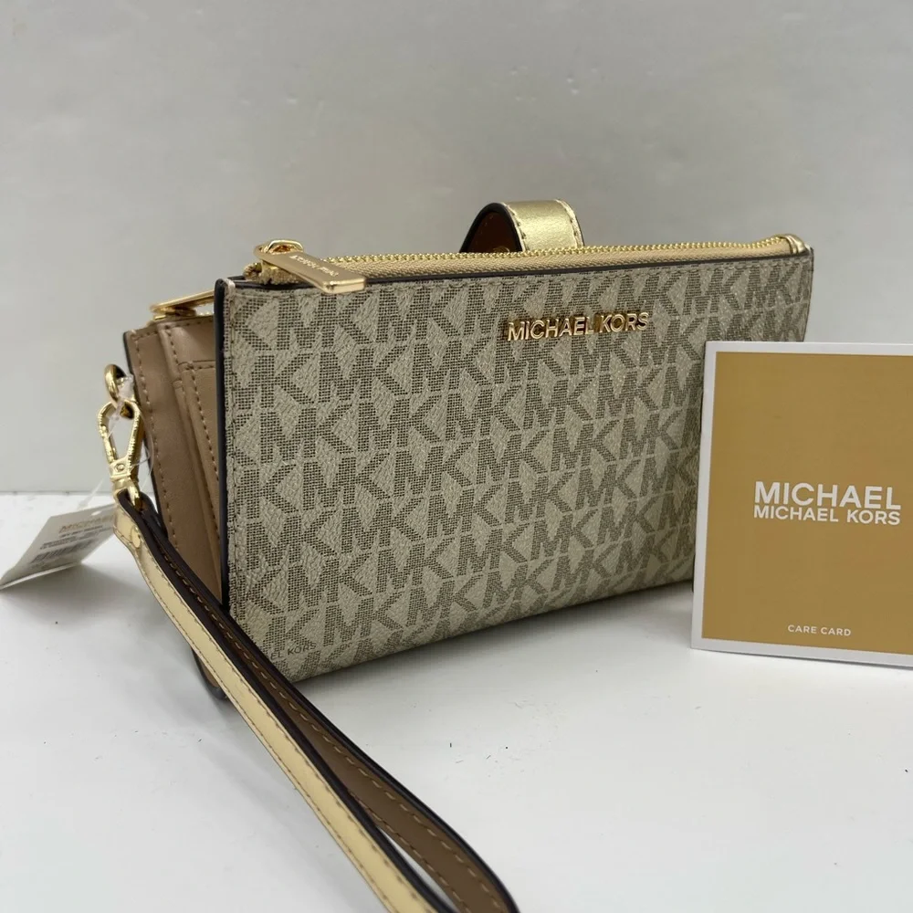 MICHAEL KORS Jet Set Travel Lg Double Zip Signature Logo Wristlet Wallet Pale Gd